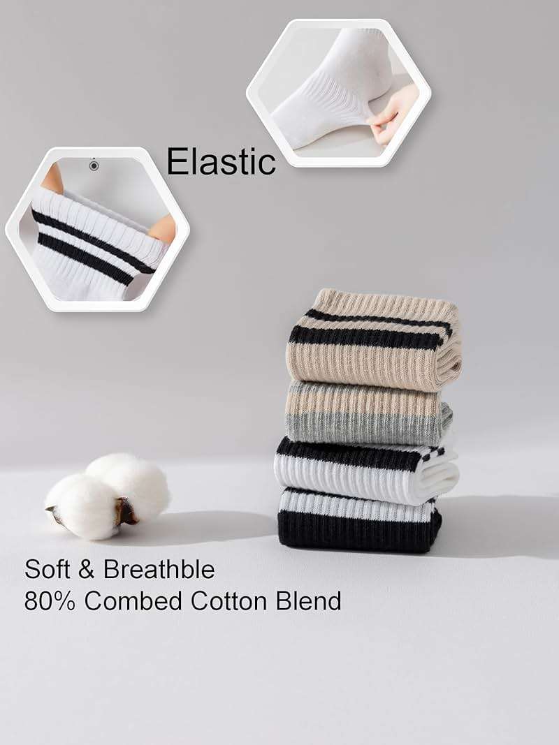 YUWELL Womens Striped Crew Socks, Cotton Cozy Casual Socks for Women 4 Pairs, Size 5-10 - Image 3