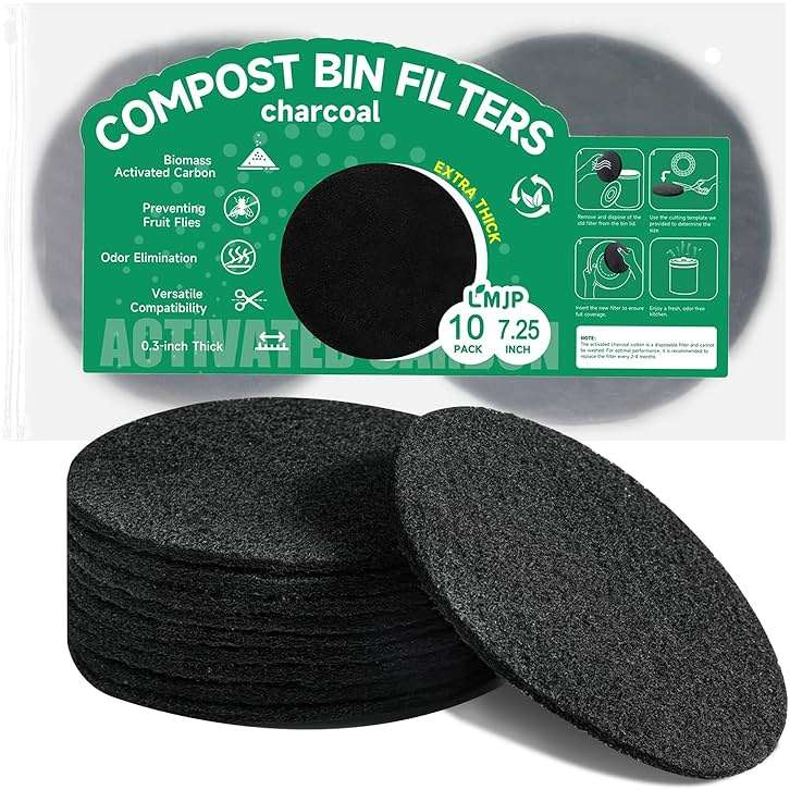 LMJP 7.25 Inch Charcoal Filters for 10 Pack Kitchen Countertop Compost Bins - Extra Thick 0.3" for Longer Lasting Activated Carbon - Image 1