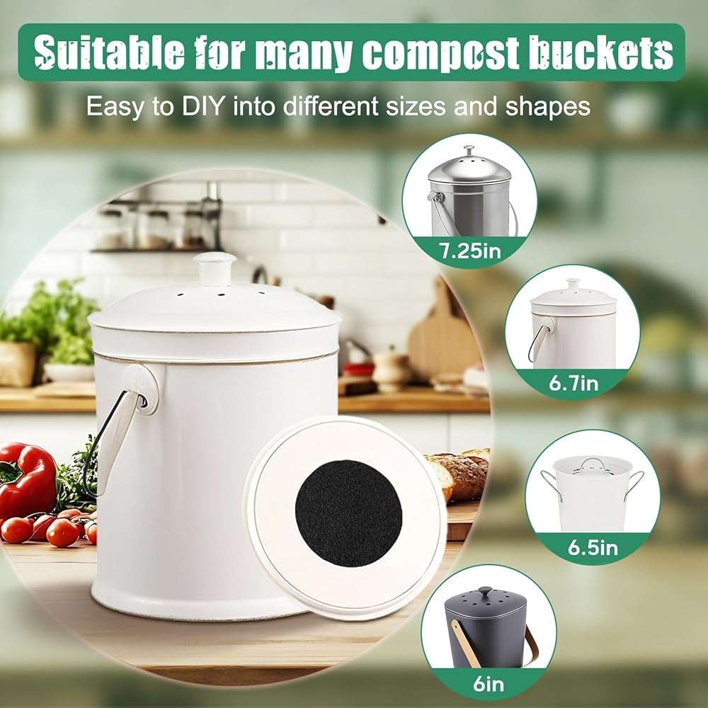 LMJP 7.25 Inch Charcoal Filters for 10 Pack Kitchen Countertop Compost Bins - Extra Thick 0.3" for Longer Lasting Activated Carbon - Image 7