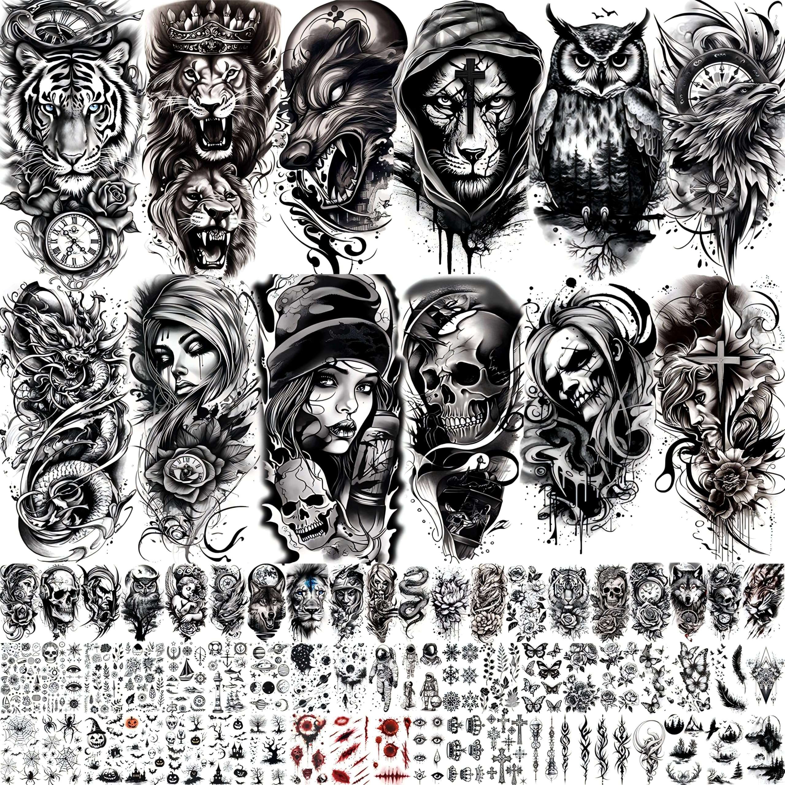 72 Sheets Temporary Tattoos for Men Women Adults - Black 3D Realistic Scary Animals Skulls Scars, Fake Tattoos Set for Halloween Cosplay Arm Sleeve Neck, Waterproof Long-Lasting Body Tattoo Sticker - Image 1