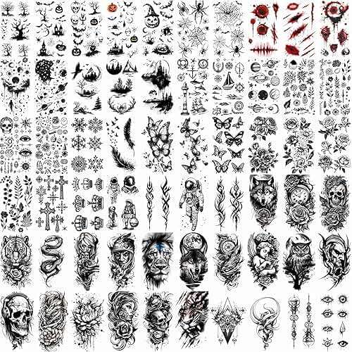 72 Sheets Temporary Tattoos for Men Women Adults - Black 3D Realistic Scary Animals Skulls Scars, Fake Tattoos Set for Halloween Cosplay Arm Sleeve Neck, Waterproof Long-Lasting Body Tattoo Sticker - Image 2