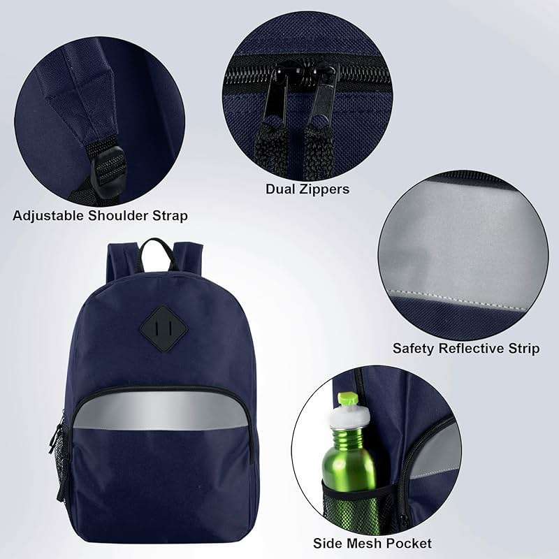 Trail maker 17" Backpack – Reflective School Backpack with Padded Straps, Water Bottle Pockets for Kids & Adults, School Travel Camp (Navy) - Image 3