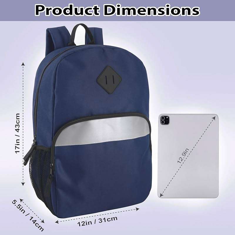 Trail maker 17" Backpack – Reflective School Backpack with Padded Straps, Water Bottle Pockets for Kids & Adults, School Travel Camp (Navy) - Image 6