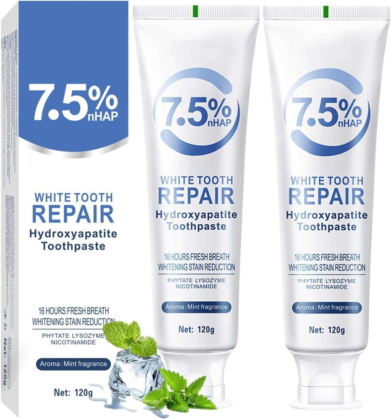 7.5% Hydroxyapatite Toothpaste, Fluoride-Free Toothpaste with Mint Flavor, Everyday Oral Care Formula, Fresh Breath Toothpaste, Gentle Cleaning for Daily Use, 4.23 Oz (White，2PC) - Image 1
