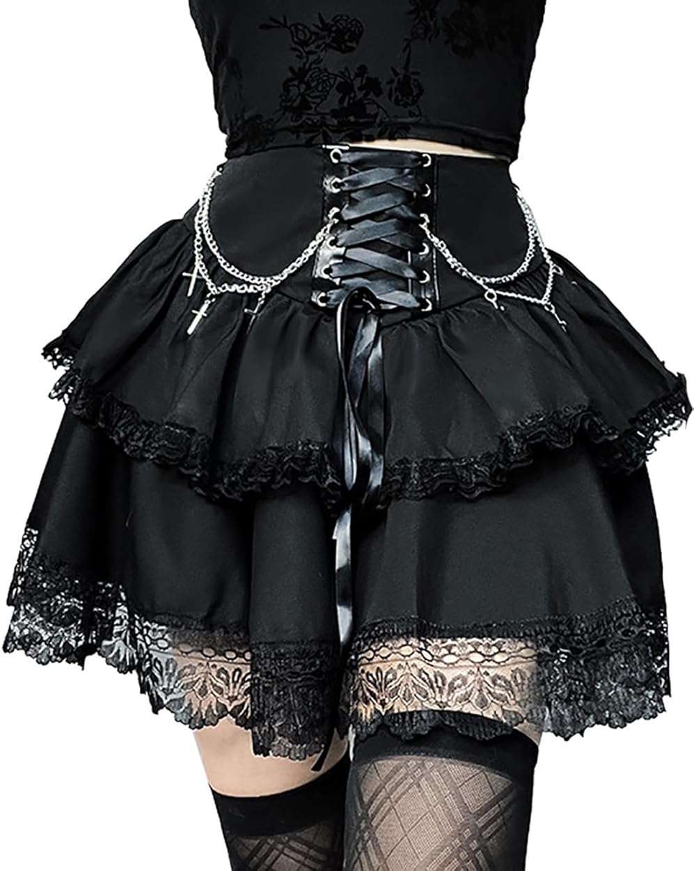 Skirts for Women Lace Up Double Layered Ruffles Skirts Gothic Punk Emo Skirt High Waist Skirt - Image 1