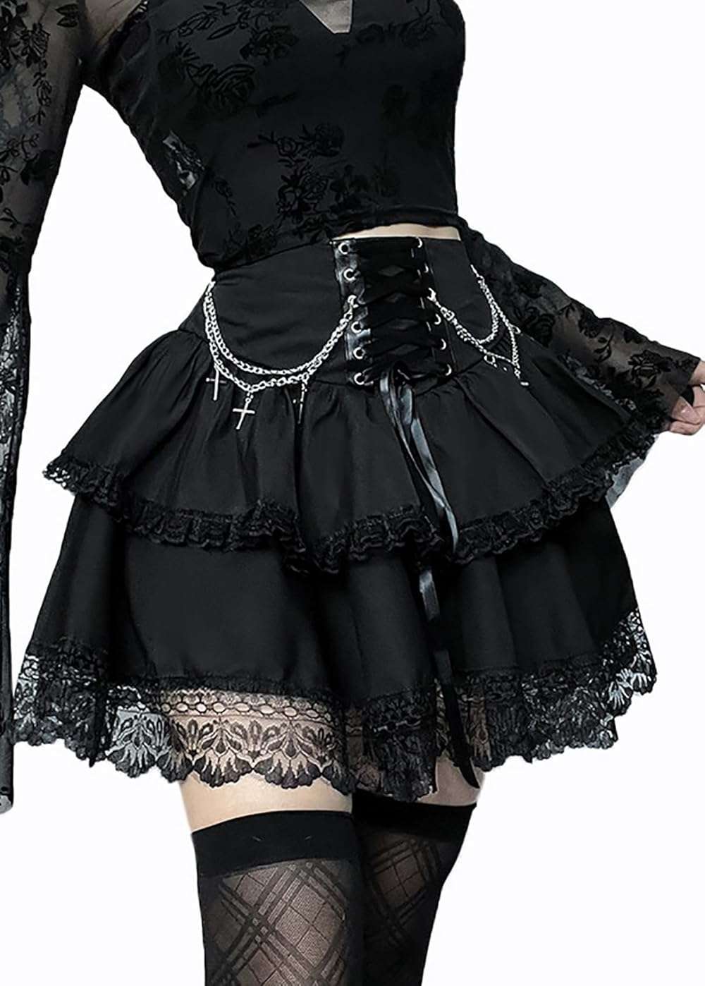 Skirts for Women Lace Up Double Layered Ruffles Skirts Gothic Punk Emo Skirt High Waist Skirt - Image 2