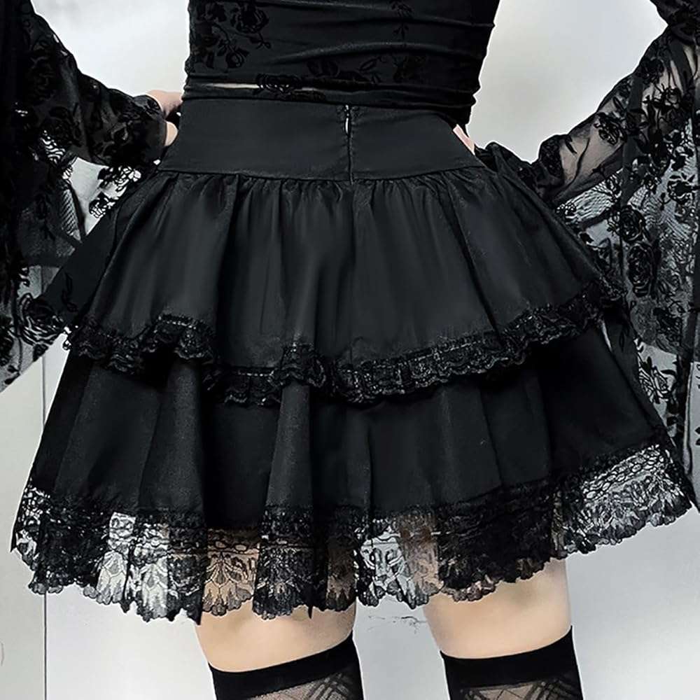 Skirts for Women Lace Up Double Layered Ruffles Skirts Gothic Punk Emo Skirt High Waist Skirt - Image 3