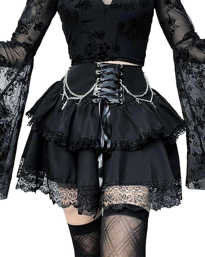 Skirts for Women Lace Up Double Layered Ruffles Skirts Gothic Punk Emo Skirt High Waist Skirt - Image 4