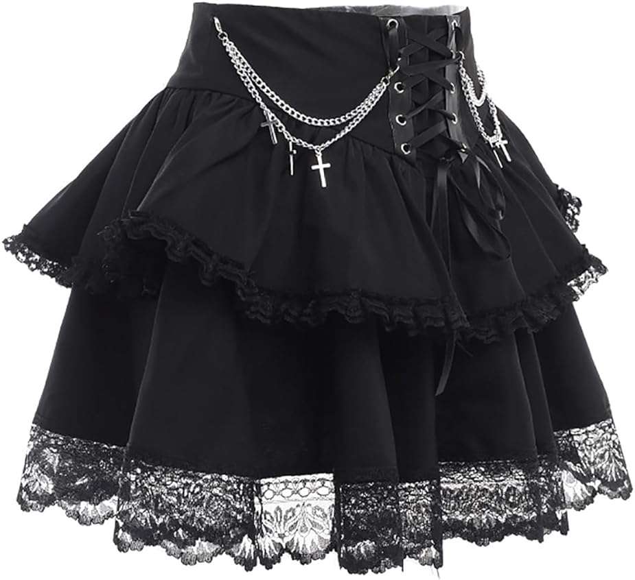 Skirts for Women Lace Up Double Layered Ruffles Skirts Gothic Punk Emo Skirt High Waist Skirt - Image 5