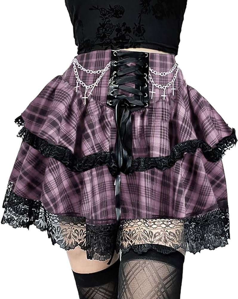 Skirts for Women Lace Up Double Layered Ruffles Skirts Gothic Punk Emo Skirt High Waist Skirt - Image 1
