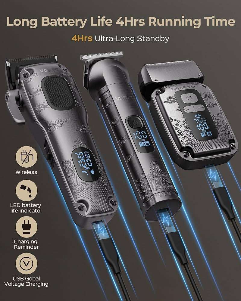 VGRPRO Hair Clipper & Trimmer Set for Men Professional, Waterproof Electric Razor Foil Shaver for Men Face Beard, Cordless for Hair Cutting, 4-Speed Setting, LED Battery Display, Barber or Home Use - Image 5