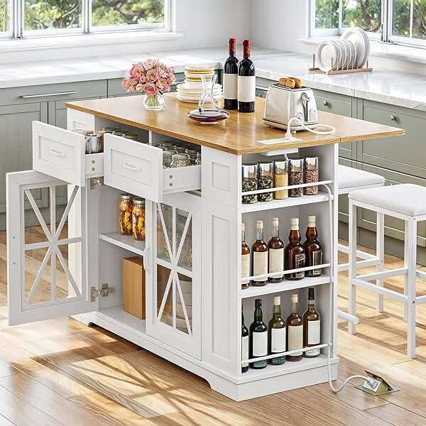 YITAHOME Kitchen Island with Seating, 47 Inch Mobile Storage Island with Drop Leaf, Rolling Islands Table with Power Outlet & Spice Rack, 2 Upholstered Stools and Footrest, for Dining Room, White Oak - Image 2