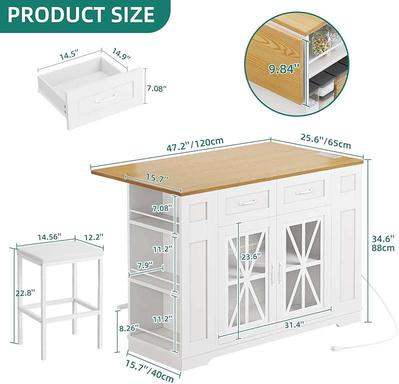 YITAHOME Kitchen Island with Seating, 47 Inch Mobile Storage Island with Drop Leaf, Rolling Islands Table with Power Outlet & Spice Rack, 2 Upholstered Stools and Footrest, for Dining Room, White Oak - Image 3