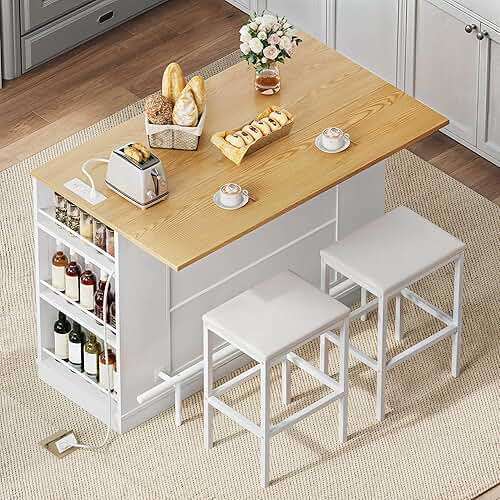 YITAHOME Kitchen Island with Seating, 47 Inch Mobile Storage Island with Drop Leaf, Rolling Islands Table with Power Outlet & Spice Rack, 2 Upholstered Stools and Footrest, for Dining Room, White Oak - Image 4
