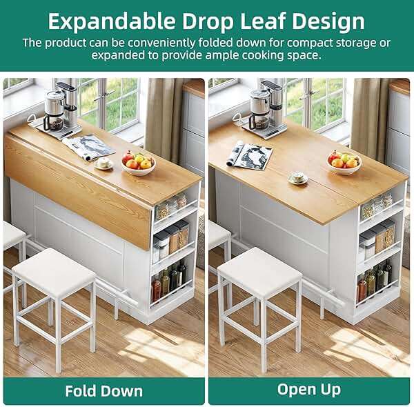 YITAHOME Kitchen Island with Seating, 47 Inch Mobile Storage Island with Drop Leaf, Rolling Islands Table with Power Outlet & Spice Rack, 2 Upholstered Stools and Footrest, for Dining Room, White Oak - Image 5