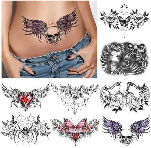 Yazhiji 13 Sheet Large Chest Underboob Temporary Tattoos for Adult, 8 Sheets Sexy Rose Flower Belly Tattoos Tramp Stamp for Women, 5 Sheets Body Scar Cover Fake Chest Tattoos Stickers for Men - Image 2