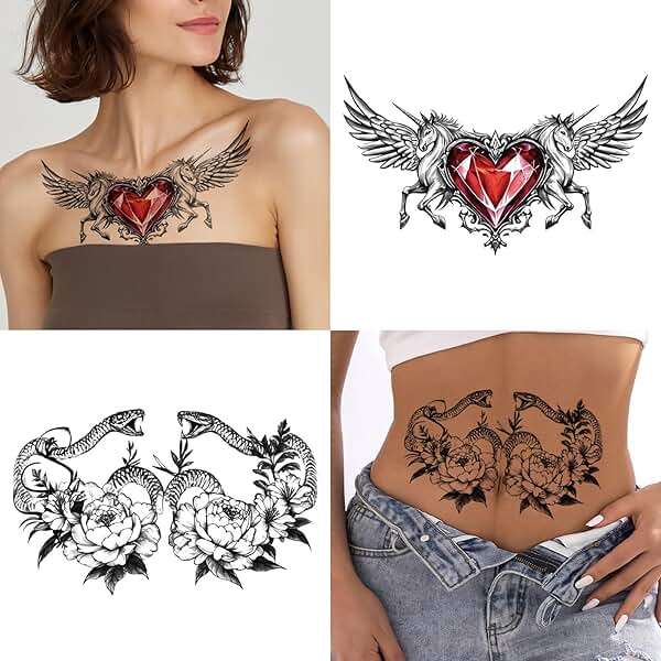 Yazhiji 13 Sheet Large Chest Underboob Temporary Tattoos for Adult, 8 Sheets Sexy Rose Flower Belly Tattoos Tramp Stamp for Women, 5 Sheets Body Scar Cover Fake Chest Tattoos Stickers for Men - Image 4