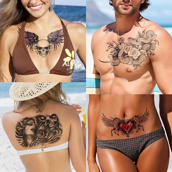 Yazhiji 13 Sheet Large Chest Underboob Temporary Tattoos for Adult, 8 Sheets Sexy Rose Flower Belly Tattoos Tramp Stamp for Women, 5 Sheets Body Scar Cover Fake Chest Tattoos Stickers for Men - Image 8
