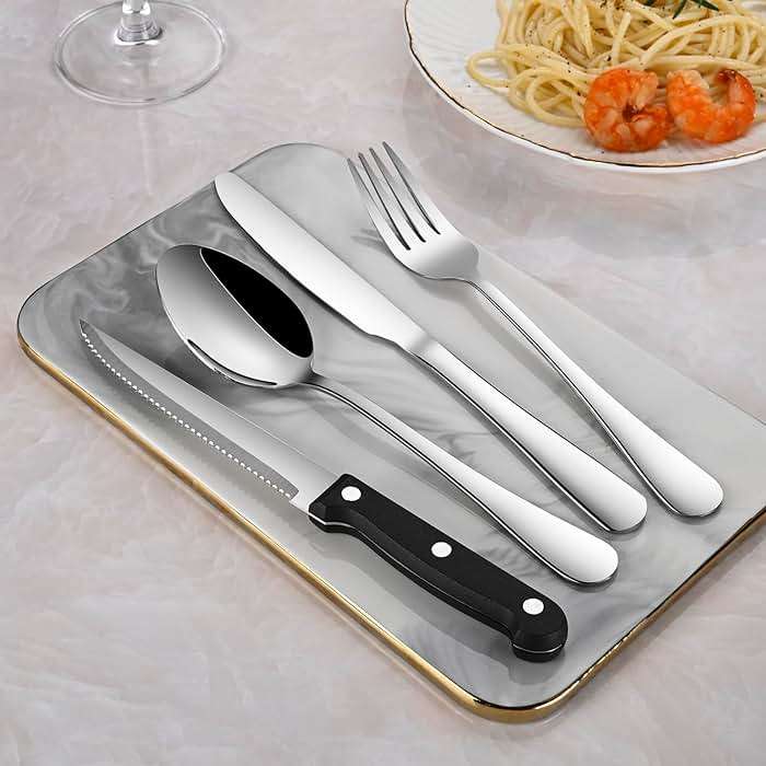 24-Piece Silverware Set with Steak Knives,Flatware Set Service for 4 Person, Food-Grade Stainless Steel Cutlery Set,Includes Knife Spoon And Fork, Mirror Finished Utensil Sets for Home Restaurant - Image 2