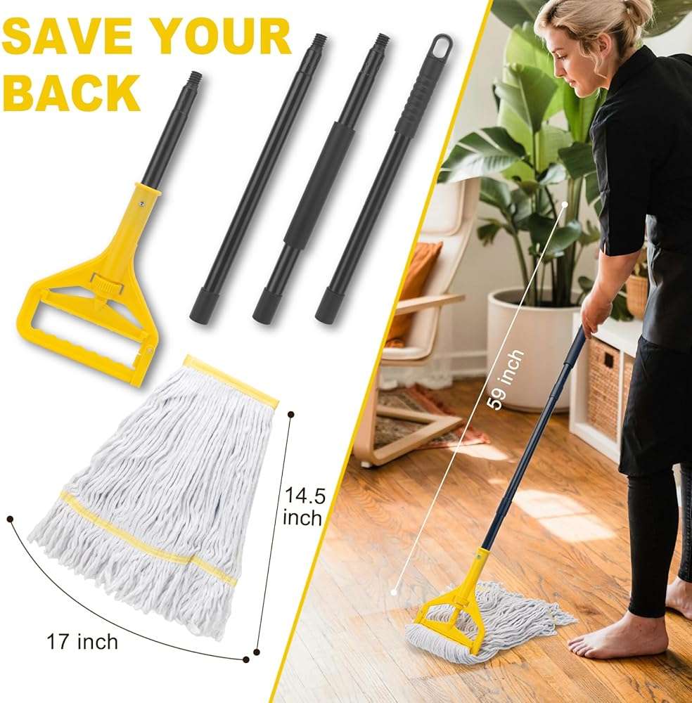 Commercial Mop with 3 Extra Large Replacement Heads,59" Long Handle Heavy Duty Industrial Mops for Floor Cleaning,Looped-End String Wet Cotton Mop for Home,Kitchen,Office,Garage,Concrete/Tile Floor - Image 2
