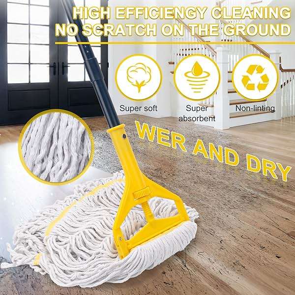 Commercial Mop with 3 Extra Large Replacement Heads,59" Long Handle Heavy Duty Industrial Mops for Floor Cleaning,Looped-End String Wet Cotton Mop for Home,Kitchen,Office,Garage,Concrete/Tile Floor - Image 4