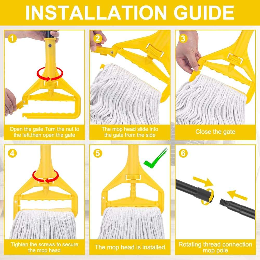 Commercial Mop with 3 Extra Large Replacement Heads,59" Long Handle Heavy Duty Industrial Mops for Floor Cleaning,Looped-End String Wet Cotton Mop for Home,Kitchen,Office,Garage,Concrete/Tile Floor - Image 6