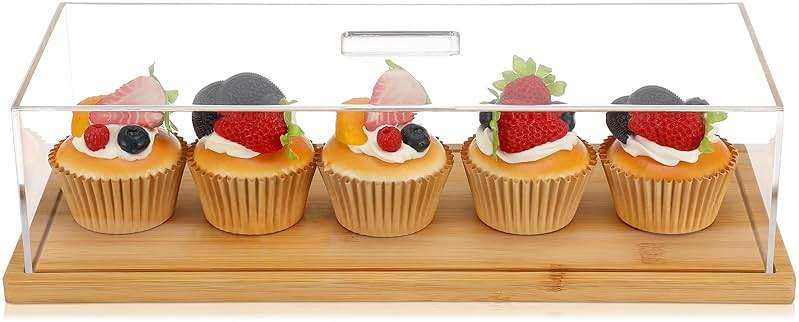 Cinnvoice 1 Pack Rectangle Cake Stand with Lid Bamboo Cake Plate Holder Cookie Dessert Tray with Lid Pastry Display for Kitchen Baking Gifts, Large Rectangle Tray Platter and Acrylic Cover, 15 x 6.5'' - Image 1