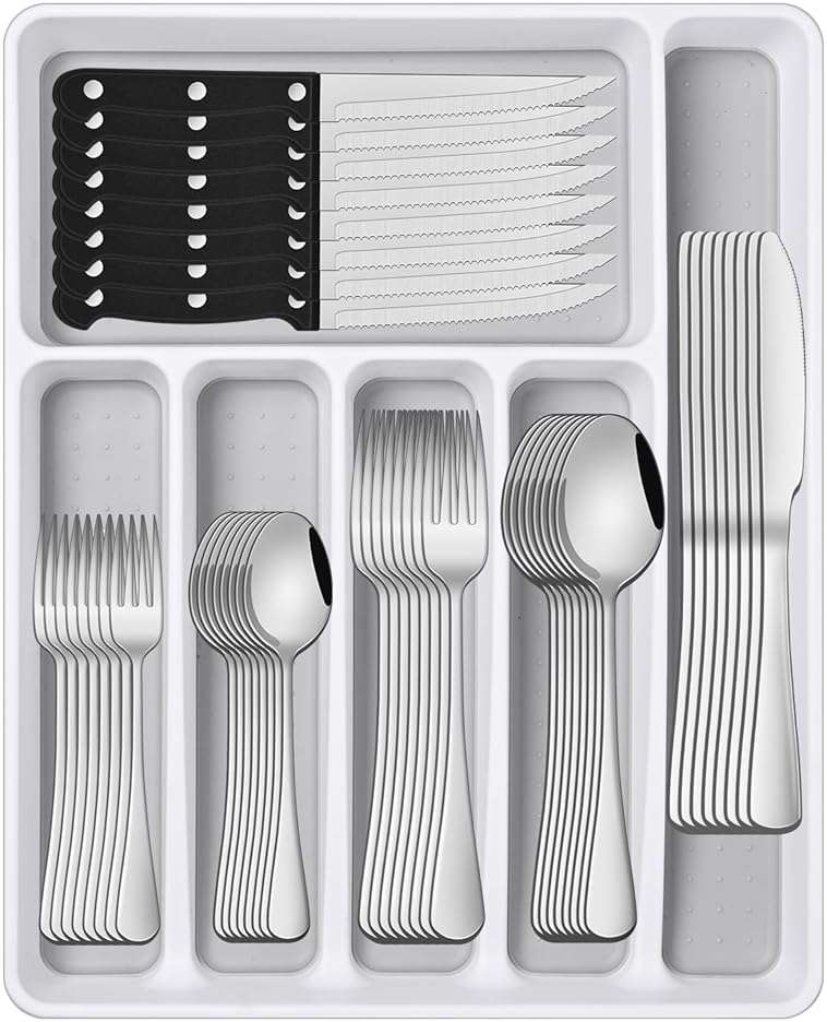 49 Pieces Silverware Sets With Organizer And Steak Knives,Stainless Steel Flatware Sets Service For 8 Person For Home Kitchen,Tableware Cutlery Sets,Includes Knife Spoon and Forks Sets - Image 1