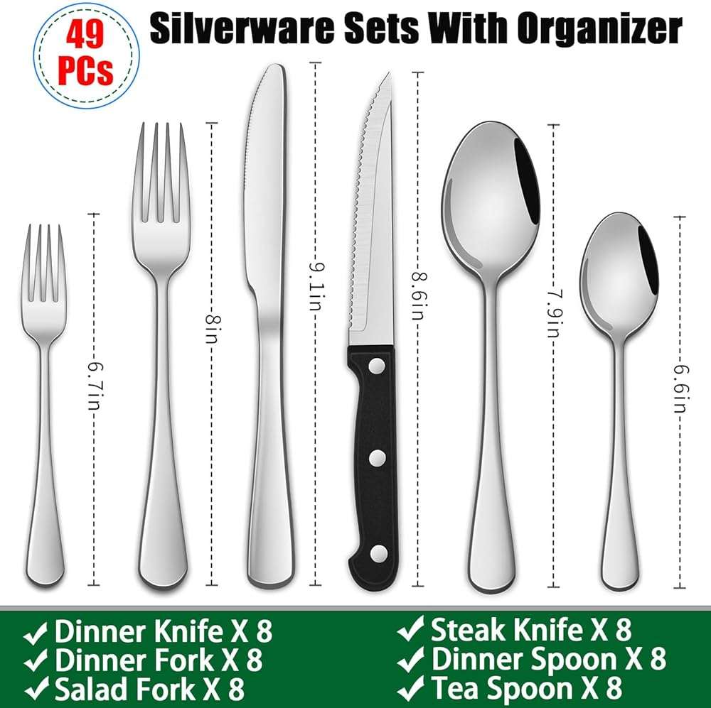 49 Pieces Silverware Sets With Organizer And Steak Knives,Stainless Steel Flatware Sets Service For 8 Person For Home Kitchen,Tableware Cutlery Sets,Includes Knife Spoon and Forks Sets - Image 3