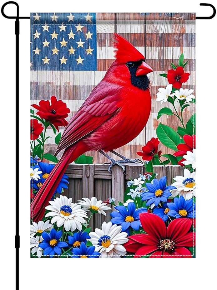 BlissYard Patriotic 4th of July Garden Flag12x18 Double Sided Patriotic American Yard Cardinal Bird Dogwood Flower Garden Flag Memorial Day Independence Day Holiday Outside Decorations Yard Flag - Image 1