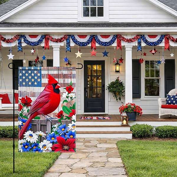 BlissYard Patriotic 4th of July Garden Flag12x18 Double Sided Patriotic American Yard Cardinal Bird Dogwood Flower Garden Flag Memorial Day Independence Day Holiday Outside Decorations Yard Flag - Image 2