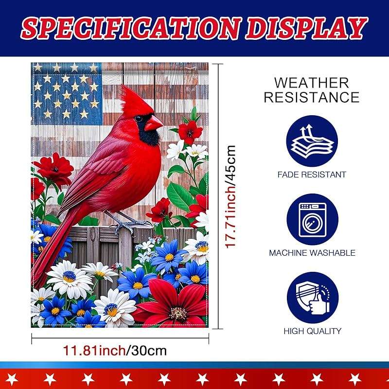 BlissYard Patriotic 4th of July Garden Flag12x18 Double Sided Patriotic American Yard Cardinal Bird Dogwood Flower Garden Flag Memorial Day Independence Day Holiday Outside Decorations Yard Flag - Image 3