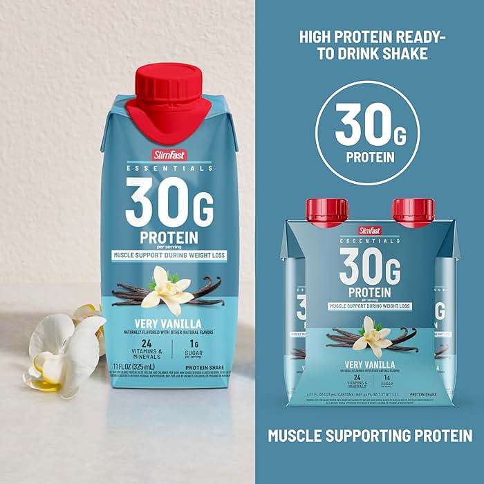 SlimFast Essentials 30g Vanilla Protein Shake, Protein Shakes Ready to Drink, Muscle Support, 1g Sugar, 24 Vitamins and Minerals, 1g Net Carbs, Very Vanilla, 12 Count - Image 4