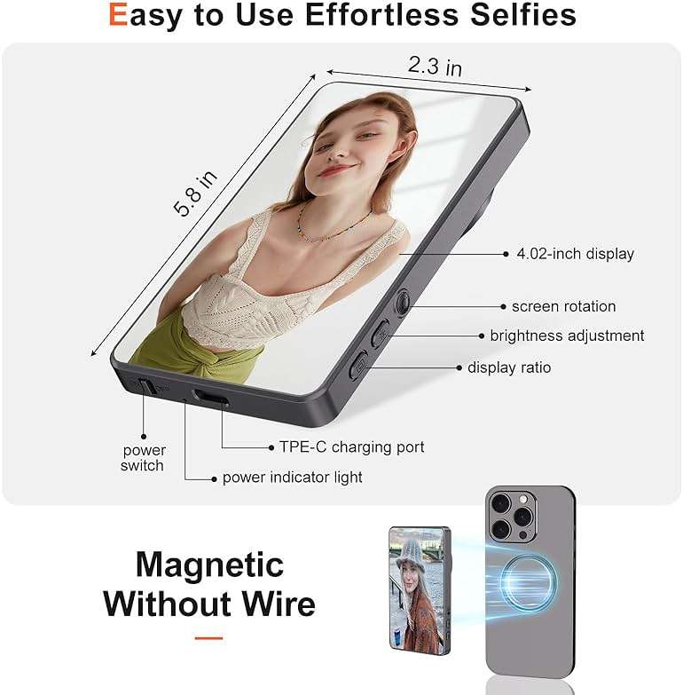 MYW Selfie Monitor Screen Phone, Vlog Selfie Monitor Screen Support Wireless Synchronization, 0 Latency, Remote Control Operation, 1800mAh Battery, Back Camera for iPhone & Android Phone - Image 5