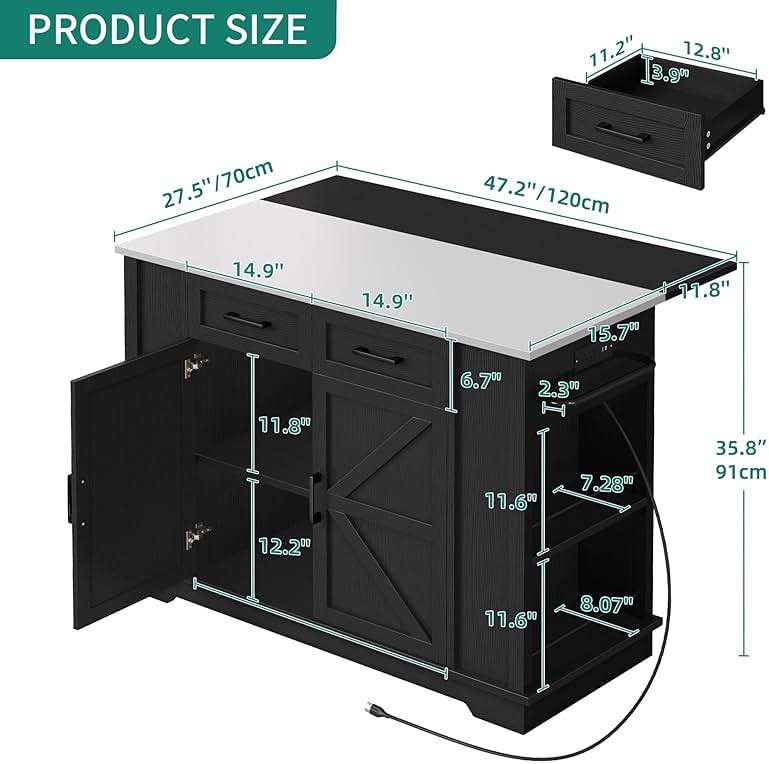 YITAHOME Kitchen Island with Drop Leaf, 47 Inch Mobile Stroage Islands with Stainless Steel Top, Rolling Island Table with Power Outlet, Adjustable Shelves, Spice Rack, Towel Rack for Kitchen, Black - Image 2