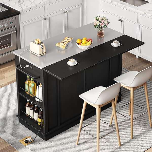 YITAHOME Kitchen Island with Drop Leaf, 47 Inch Mobile Stroage Islands with Stainless Steel Top, Rolling Island Table with Power Outlet, Adjustable Shelves, Spice Rack, Towel Rack for Kitchen, Black - Image 3