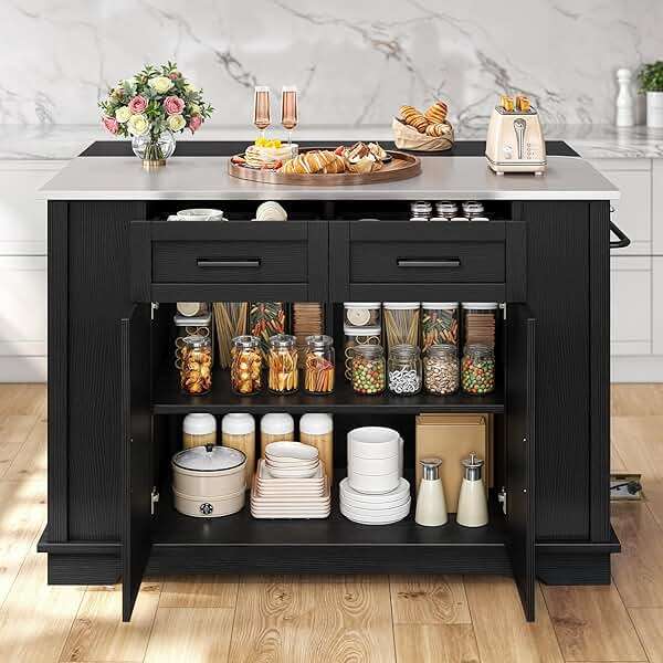 YITAHOME Kitchen Island with Drop Leaf, 47 Inch Mobile Stroage Islands with Stainless Steel Top, Rolling Island Table with Power Outlet, Adjustable Shelves, Spice Rack, Towel Rack for Kitchen, Black - Image 4