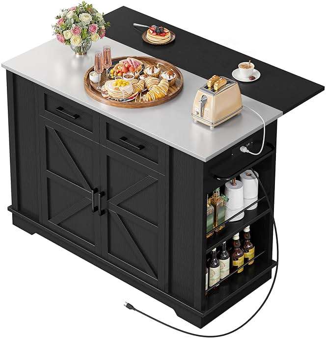 YITAHOME Kitchen Island with Drop Leaf, 47 Inch Mobile Stroage Islands with Stainless Steel Top, Rolling Island Table with Power Outlet, Adjustable Shelves, Spice Rack, Towel Rack for Kitchen, Black - Image 5
