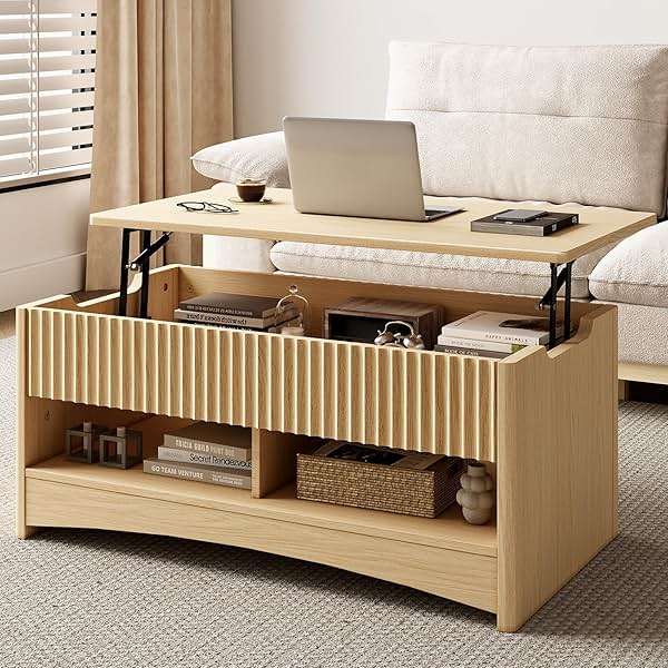 Amada Lift Top Coffee Table with Storage Shelf & Hidden Compartment, Modern Fluted Rectangle Dining Table for Living Room, Home Office,Natural Oak - Image 1