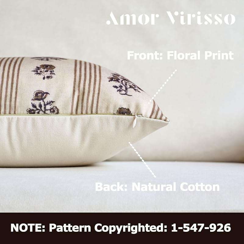 Amor Virisso Floral Throw Pillow Covers 20x20 Set of 2 Block Print Pillow Covers Neutral Floral Striped Farmhouse Decorative Pillow Covers for Sofa Couch Bed, Brown - Image 2