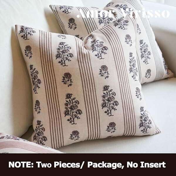 Amor Virisso Floral Throw Pillow Covers 20x20 Set of 2 Block Print Pillow Covers Neutral Floral Striped Farmhouse Decorative Pillow Covers for Sofa Couch Bed, Brown - Image 3
