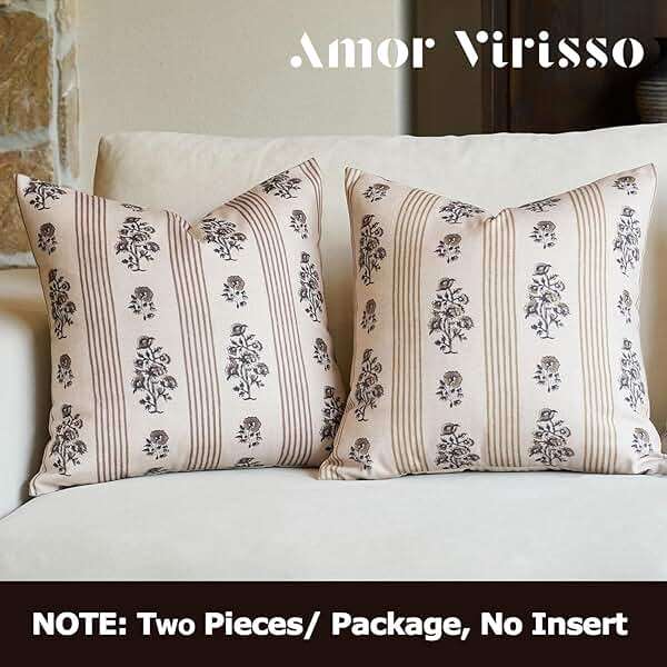 Amor Virisso Floral Throw Pillow Covers 20x20 Set of 2 Block Print Pillow Covers Neutral Floral Striped Farmhouse Decorative Pillow Covers for Sofa Couch Bed, Brown - Image 6