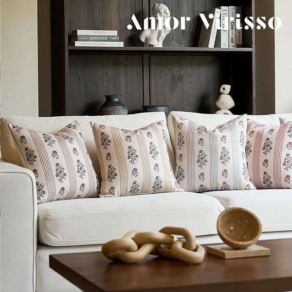 Amor Virisso Floral Throw Pillow Covers 20x20 Set of 2 Block Print Pillow Covers Neutral Floral Striped Farmhouse Decorative Pillow Covers for Sofa Couch Bed, Brown - Image 7