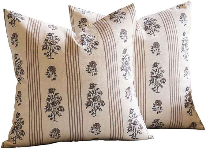 Amor Virisso Floral Throw Pillow Covers 20x20 Set of 2 Block Print Pillow Covers Neutral Floral Striped Farmhouse Decorative Pillow Covers for Sofa Couch Bed, Brown - Image 8