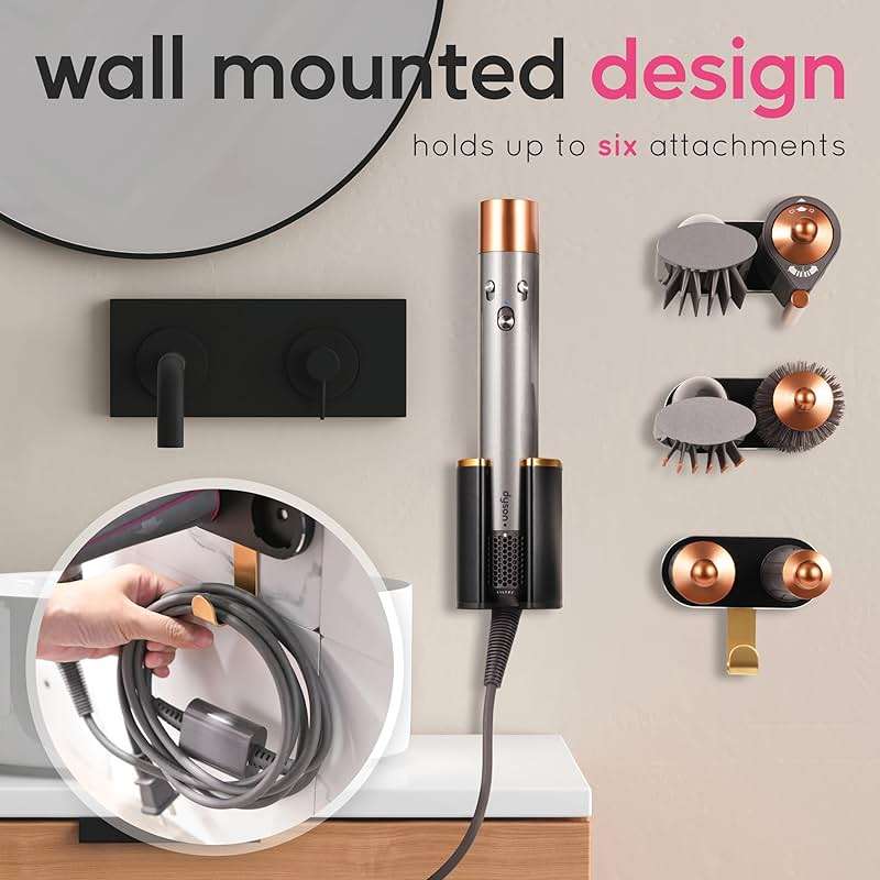 Create-ables Luxecraft for Dyson Airwrap Holder Wall Mount, compatible with Dyson Airwrap Organizer Stand, Made for Airwrap Wall Mount for Air Wrap Organizer, six Attachment Holders and Cable Hook - Image 4