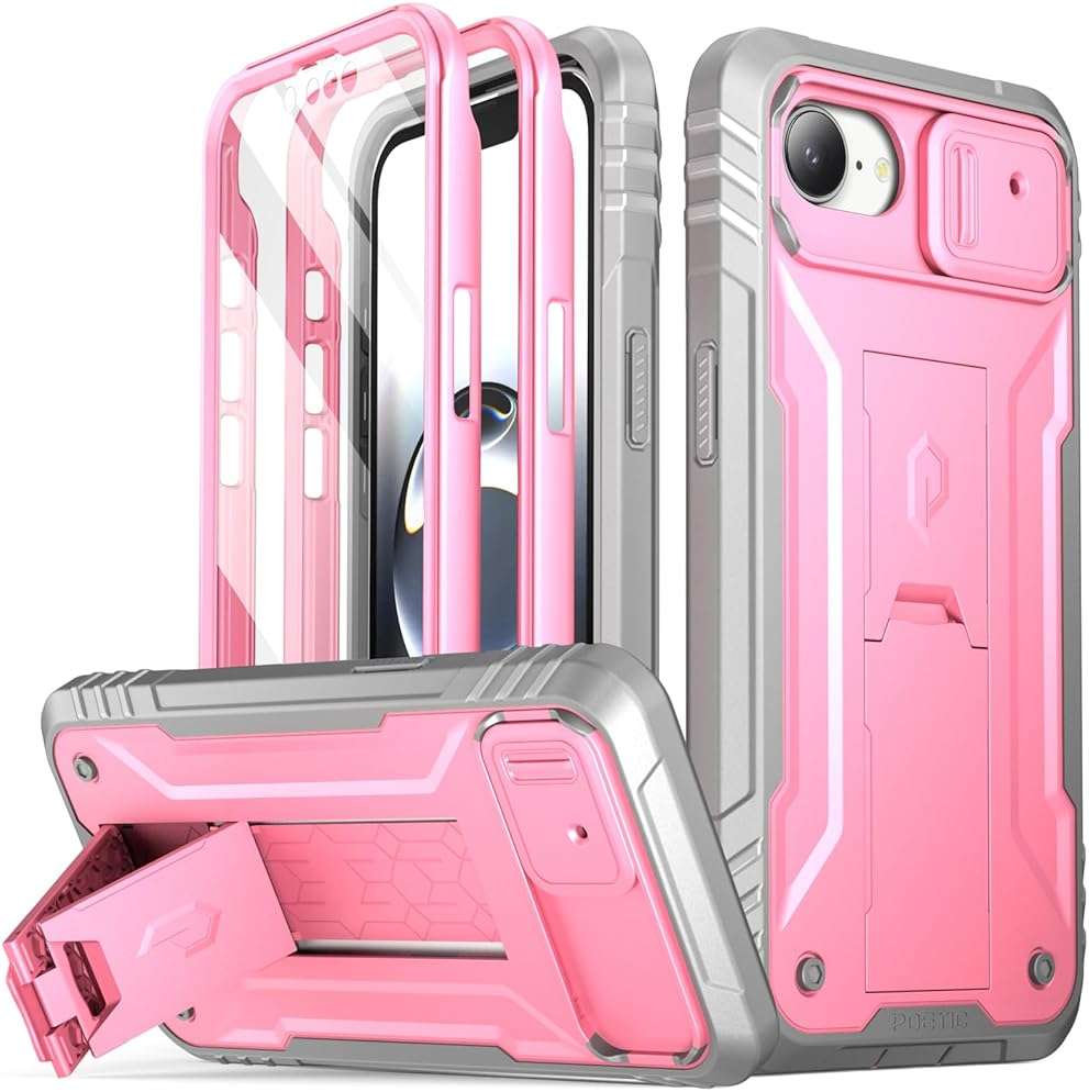 Poetic Revolution for iPhone 17e Case & iPhone 16e 6.1 inch Case, [Slide Camera Cover], Full-Body Military Grade Rugged Shockproof Cover with Kickstand and Built-in-Screen Protector, Pink - Image 1
