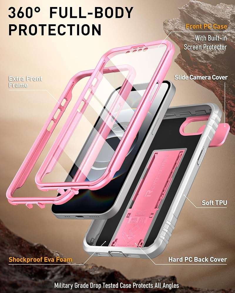 Poetic Revolution for iPhone 17e Case & iPhone 16e 6.1 inch Case, [Slide Camera Cover], Full-Body Military Grade Rugged Shockproof Cover with Kickstand and Built-in-Screen Protector, Pink - Image 2