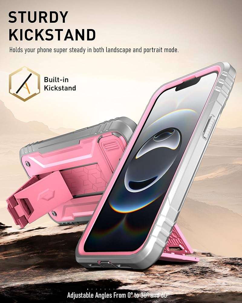 Poetic Revolution for iPhone 17e Case & iPhone 16e 6.1 inch Case, [Slide Camera Cover], Full-Body Military Grade Rugged Shockproof Cover with Kickstand and Built-in-Screen Protector, Pink - Image 3