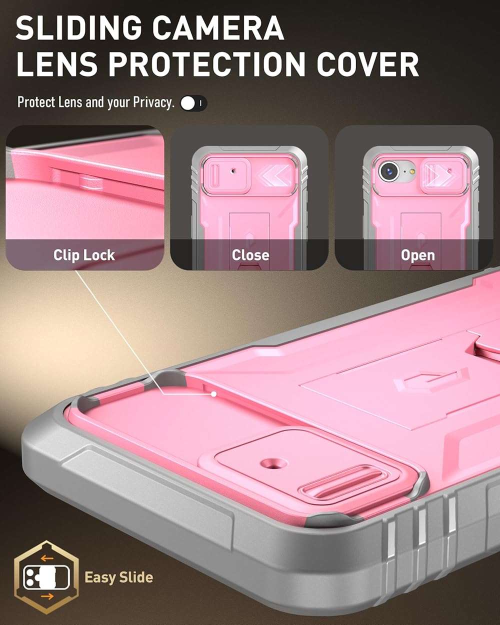 Poetic Revolution for iPhone 17e Case & iPhone 16e 6.1 inch Case, [Slide Camera Cover], Full-Body Military Grade Rugged Shockproof Cover with Kickstand and Built-in-Screen Protector, Pink - Image 4