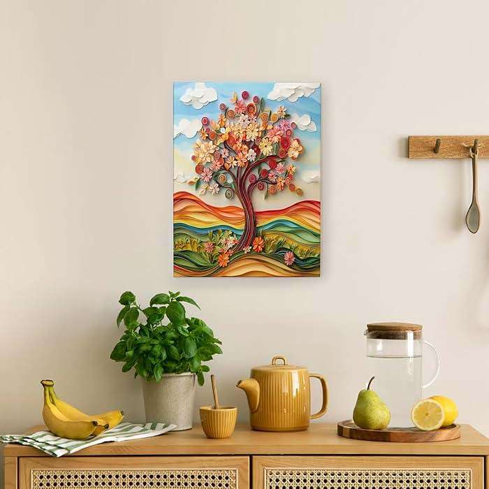 1 Piece Paper Quilling Tree Canvas Prints Wall Art 8 * 12, Fun Spring Retro Nature Vertical Wall Art for Living Room Bedroom, Small Large 3D Aesthetic Bathroom Decor Women Men - Image 2